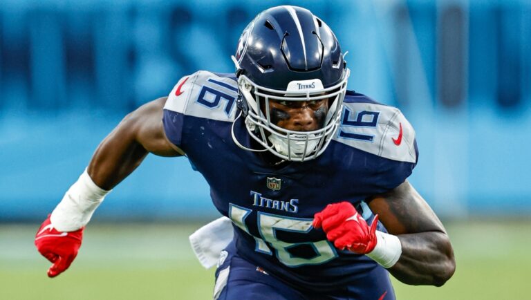 Tennessee Titans wide receiver Treylon Burks (16) breaks on a route