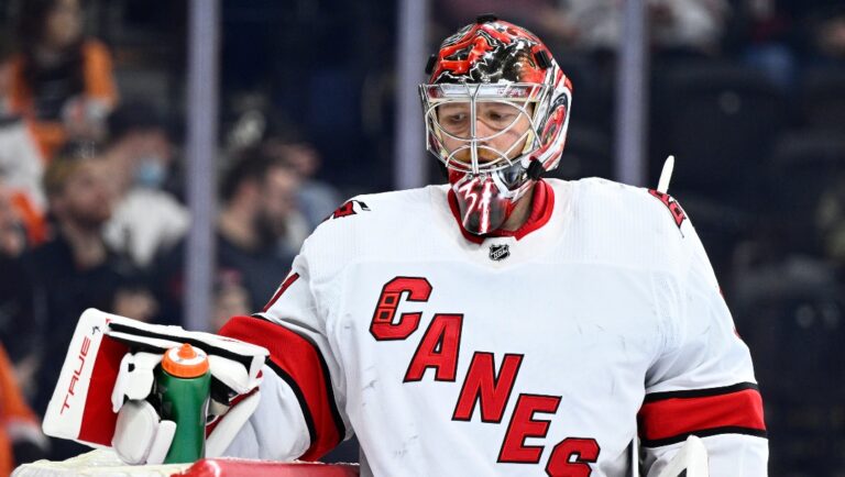 Carolina Hurricanes goaltender Frederik Andersen in action during an NHL hockey game against the Philadelphia Flyers, Monday, Feb. 21, 2022, in Philadelphia.