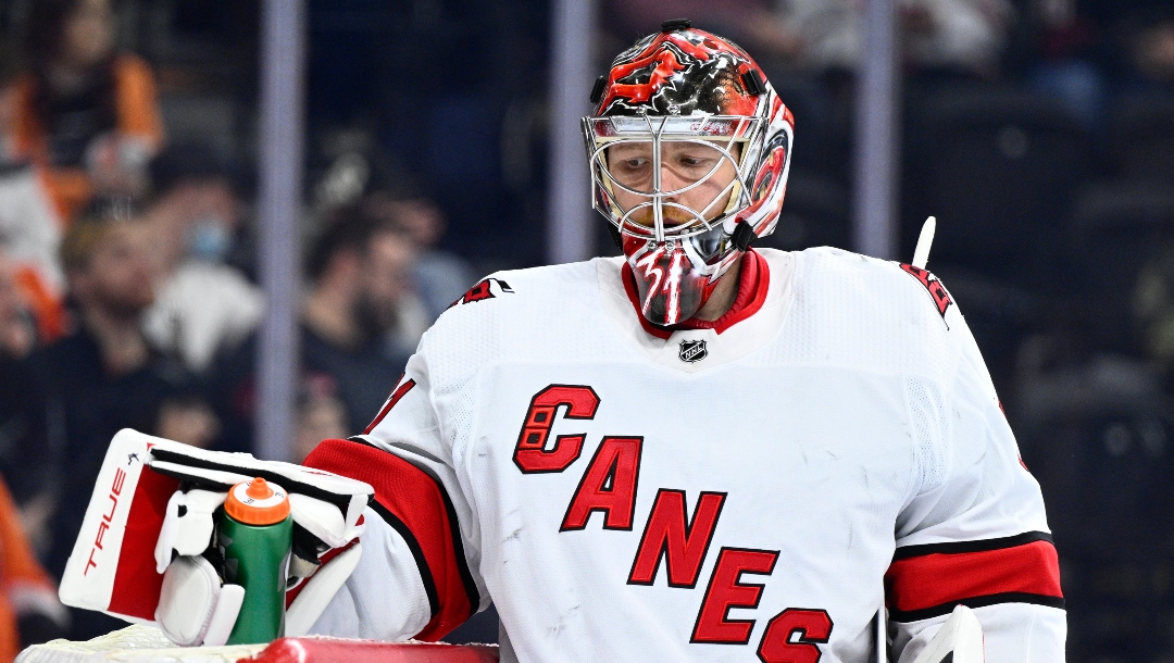 Carolina Hurricanes goaltender Frederik Andersen in action during an NHL hockey game against the Philadelphia Flyers, Monday, Feb. 21, 2022, in Philadelphia.