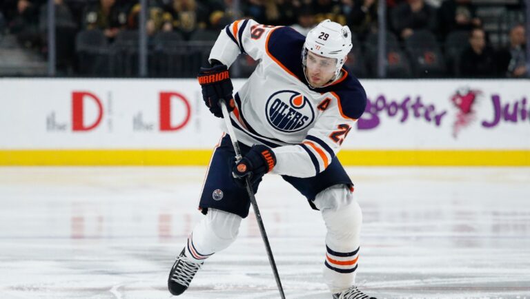 Edmonton Oilers center Leon Draisaitl (29) plays against the Vegas Golden Knights in an NHL hockey game Wednesday, Feb. 26, 2020, in Las Vegas.