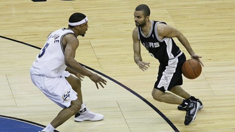 Tony Parker of the San Antonio Spurs drives past his defender during a game in the 2008-2009 season.