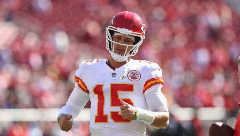 Kansas City Chiefs quarterback Patrick Mahomes (15) warms up before an NFL football game against the San Francisco 49ers, Sunday, Oct. 23, 2022 in Santa Clara, Calif.