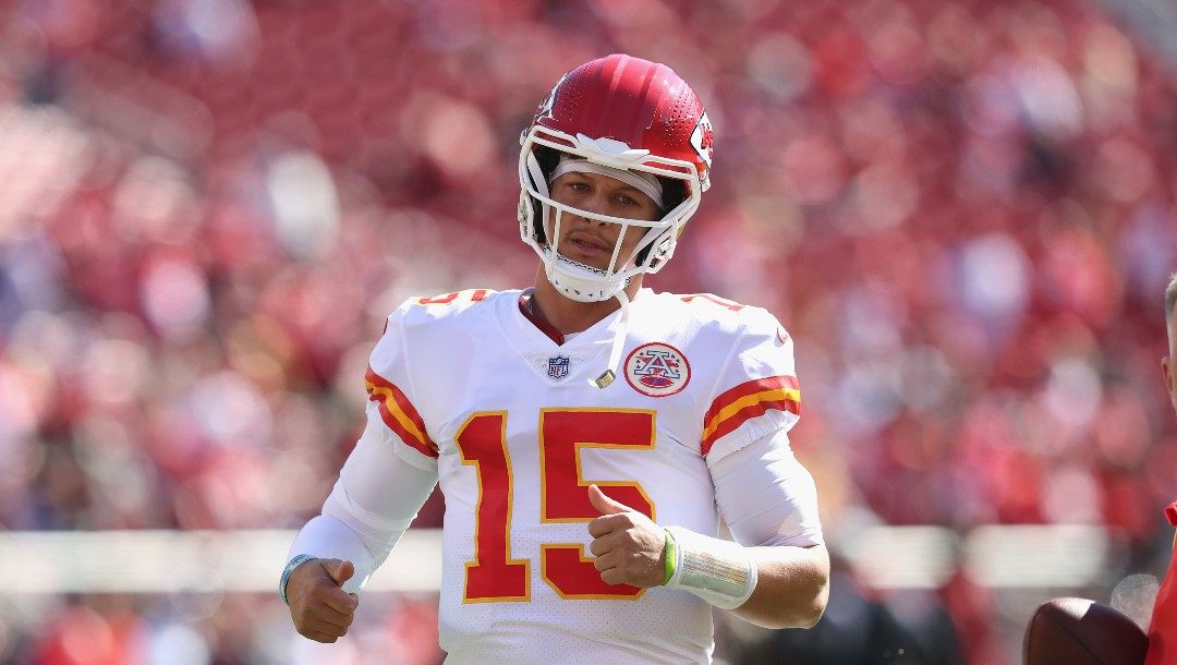 Kansas City Chiefs quarterback Patrick Mahomes (15) warms up before an NFL football game against the San Francisco 49ers, Sunday, Oct. 23, 2022 in Santa Clara, Calif.