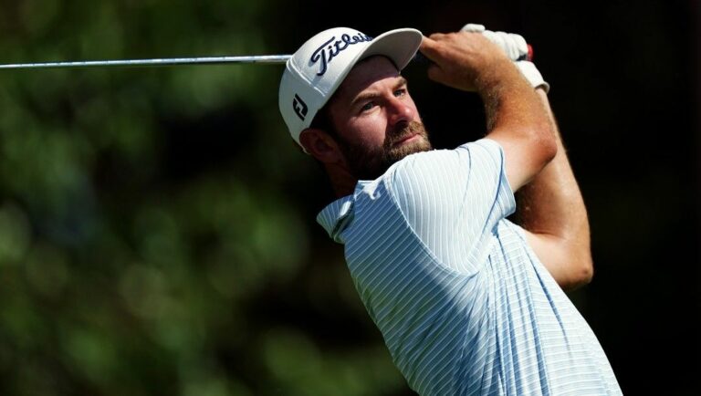 Cameron Young hits from the tee on the third hole during the third round of the Tour Championship golf tournament at East Lake Golf Club Saturday, Aug. 27, 2022, in Atlanta.