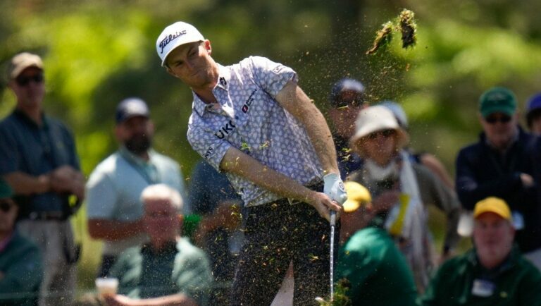 Will Zalatoris hits on the first fairway during the final round at the Masters golf tournament on Sunday, April 10, 2022, in Augusta, Ga.