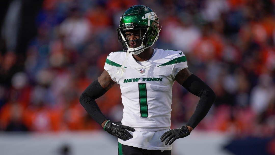 New York Jets cornerback Sauce Gardner (1) works against the Denver Broncos during the second half of an NFL football game, Sunday, Oct. 23, 2022, in Denver.