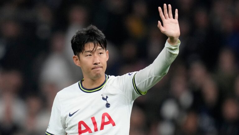 Tottenham's Son Heung-min greets fans at the end of the Champions League Group D soccer match between Tottenham Hotspur and Eintracht Frankfurt at Tottenham Hotspur stadium in London, Wednesday, Oct.12, 2022.