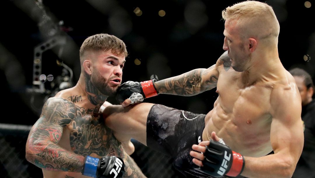 T.J. Dillashaw, right, kicks Cody Garbrandt during their UFC title bantamweight mixed martial arts bout at UFC 227.
