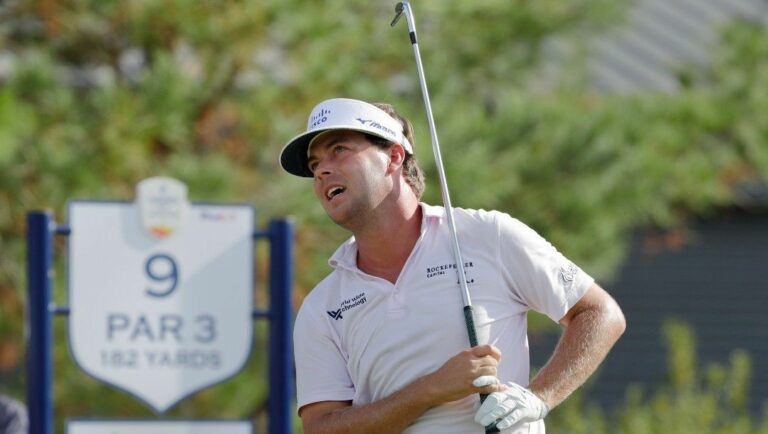 Keith Mitchell reacts to his tee shot on the 9th hole during the first round of the Houston Open golf tournament on Thursday, Nov., 10, 2022, in Houston.