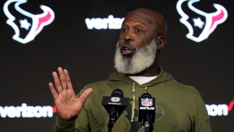 Houston Texans coach Lovie Smith answers a question after an NFL football game against the Washington Commanders Sunday, Nov. 20, 2022, in Houston. The Commanders won 23-10. (AP Photo/Eric Christian Smith)