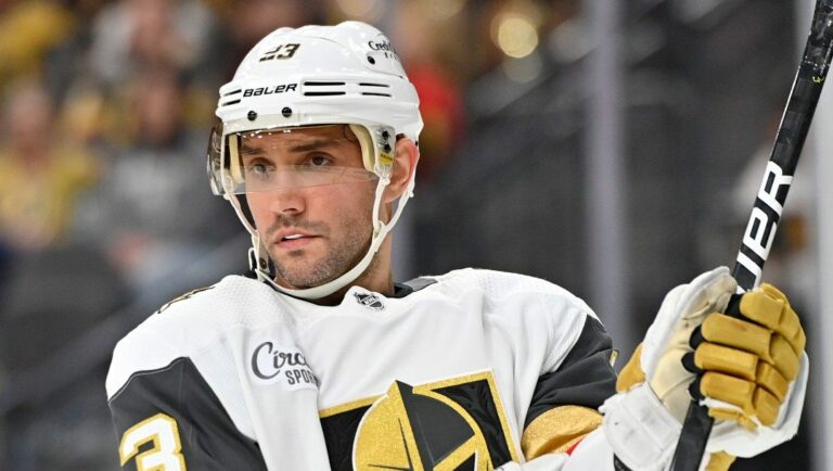 Vegas Golden Knights defenseman Alec Martinez stakes against the Anaheim Ducks during the first period of an NHL hockey game Friday, Oct. 28, 2022, in Las Vegas.
