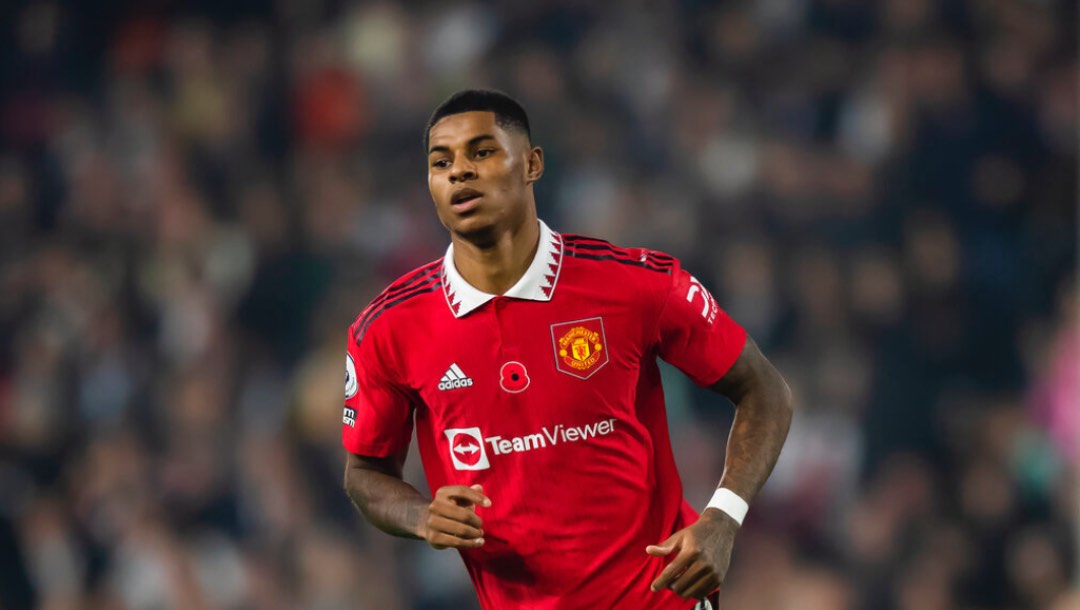 Manchester United's Marcus Rashford during the Premier League soccer match between Fulham and Manchester United at Craven Cottage in London, England, Sunday November 13th, 2022.