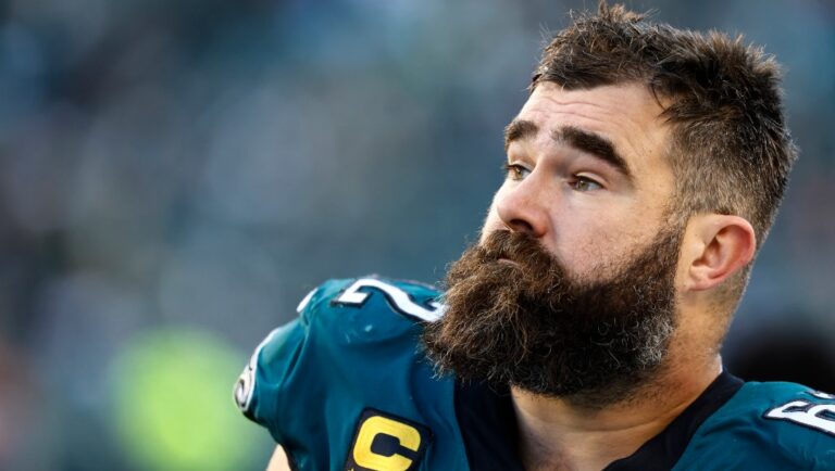 Philadelphia Eagles center Jason Kelce (62) watches from the bench during an NFL football game against the Tennessee Titans, Sunday, Dec. 4, 2022, in Philadelphia. (AP Photo/Rich Schultz)