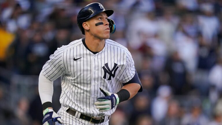 New York Yankees center fielder Aaron Judge watches his solo home run ball during the second inning of Game 5 of an American League Division baseball series against the Cleveland Guardians, Tuesday, Oct. 18, 2022, in New York.