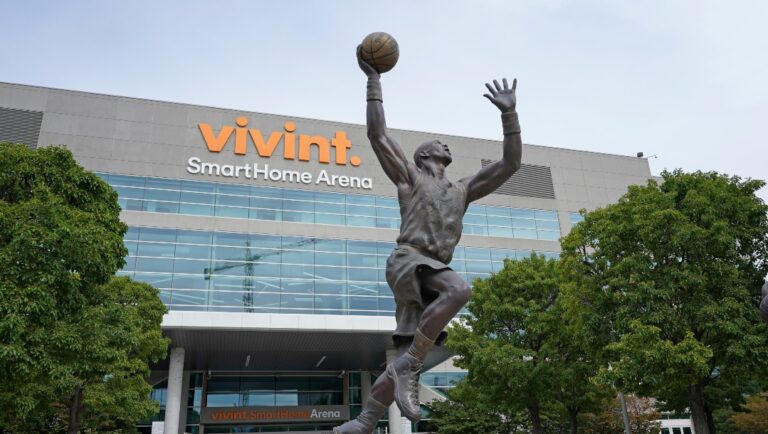 FILE - Vivint Arena stands in Salt Lake City on Aug. 31, 2020. The NBA plans to keep its next All-Star Game in Salt Lake City, despite its opposition to Utah's ban on transgender youth athletes playing on girls teams. The Utah Jazz are set to host the event next February and Commissioner Adam Silver said it will stay put as planned. (AP Photo/Rick Bowmer, File)