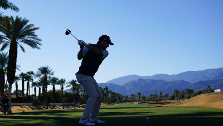 Lee Hodges hits from the second tee during the second round of the American Express golf tournament on the Nicklaus Tournament Course at PGA West Friday, Jan. 21, 2022, in La Quinta, Calif.