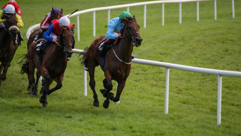 A small group of racehorses racing around a corner.