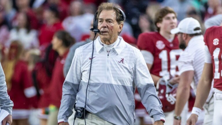 Alabama head coach Nick Saban checks out a call by the referees during the first half of an NCAA college football game against Auburn, Saturday, Nov. 26, 2022, in Tuscaloosa, Ala.