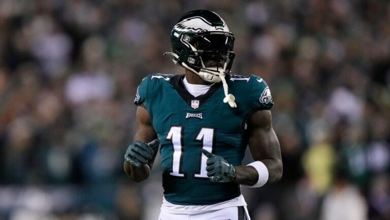 Philadelphia Eagles' A.J. Brown in action during an NFL divisional round playoff football game, Saturday, Jan. 21, 2023, in Philadelphia.
