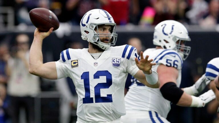 In this Jan. 5, 2019 file photo Indianapolis Colts quarterback Andrew Luck (12) throws against the Houston Texans during the first half of an NFL wild card playoff football game in Houston.