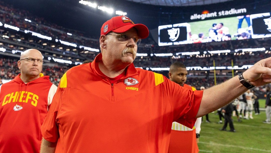 Kansas City Chiefs head coach Andy Reid walks off the field after the Chiefs defeat the Las Vegas Raiders 31-13 in an NFL football game, Saturday, Jan. 7, 2023, in Las Vegas, NV.