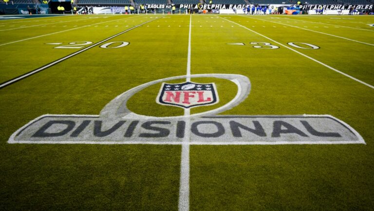 A logo is painted on the field at Lincoln Financial Field prior to an NFL divisional round playoff football game between the Philadelphia Eagles and the New York Giants, Saturday, Jan. 21, 2023, in Philadelphia. (AP Photo/Chris Szagola)