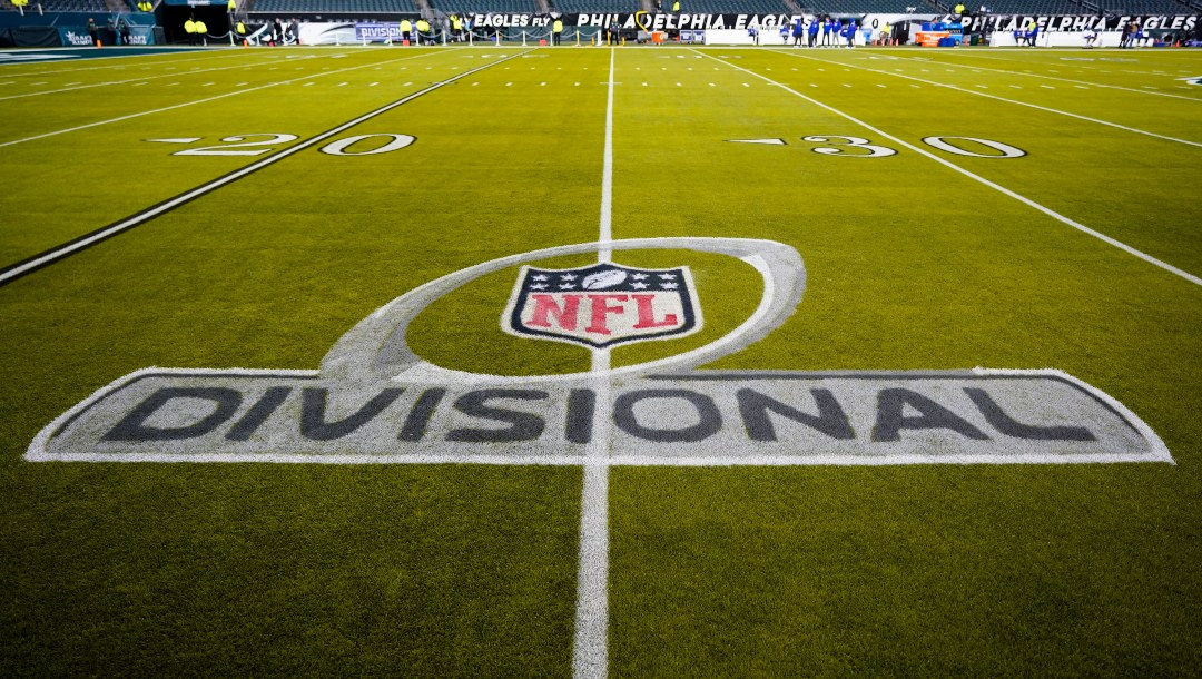 A logo is painted on the field at Lincoln Financial Field prior to an NFL divisional round playoff football game between the Philadelphia Eagles and the New York Giants, Saturday, Jan. 21, 2023, in Philadelphia. (AP Photo/Chris Szagola)