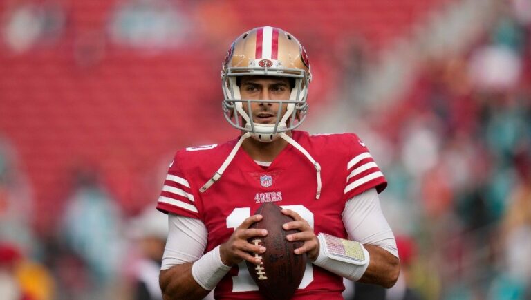 San Francisco 49ers quarterback Jimmy Garoppolo (10) warms up before an NFL football game against the Miami Dolphins in Santa Clara, Calif., Sunday, Dec. 4, 2022.