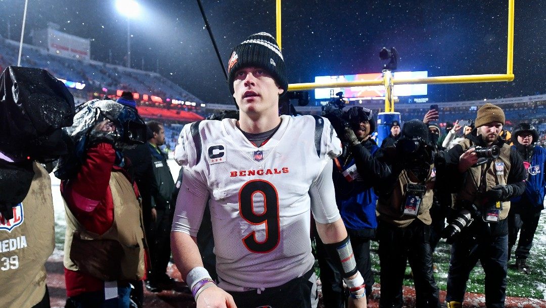Cincinnati Bengals quarterback Joe Burrow (9) walks off the field after the Bengals beat the Buffalo Bills 27-10 in an NFL division round football game, Sunday, Jan. 22, 2023, in Orchard Park, N.Y.