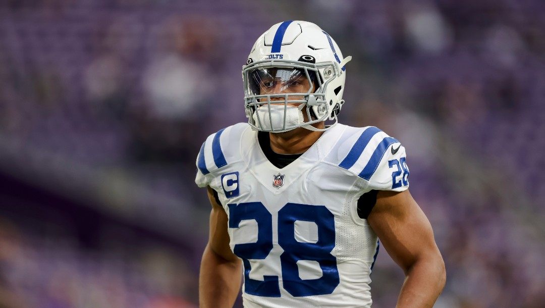 Indianapolis Colts running back Jonathan Taylor (28) during warmups before an NFL football game against the Minnesota Vikings, Saturday, Dec. 17, 2022 in Minneapolis.