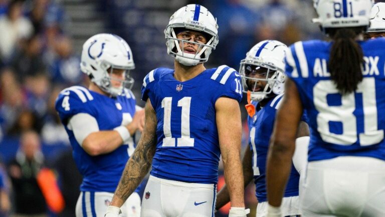 Indianapolis Colts wide receiver Michael Pittman Jr. (11) walks to the huddle during an NFL football game against the Houston Texans, Sunday, Jan. 8, 2023, in Indianapolis.