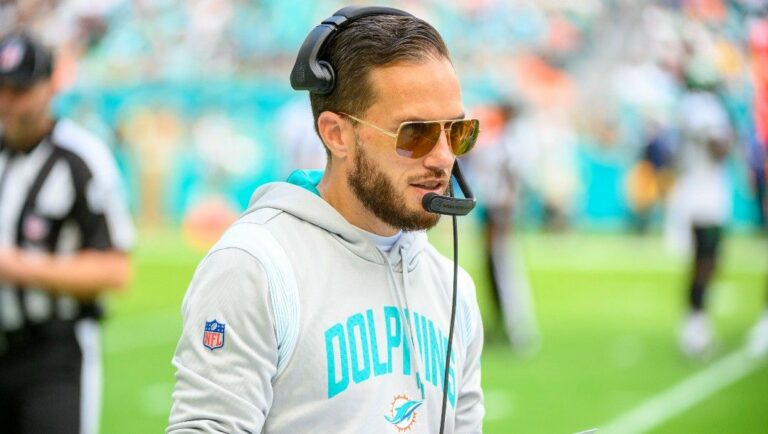 Miami Dolphins head coach Mike McDaniel walks on the sidelines during an NFL football game against the New York Jets, Sunday, Jan. 8, 2023, in Miami Gardens, Fla.