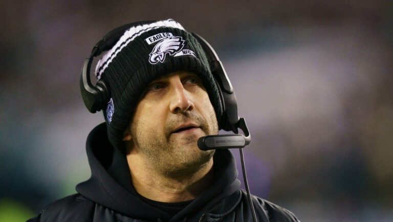 Philadelphia Eagles head coach Nick Sirianni looks on during the NFL divisional round playoff football game against the New York Giants, Saturday, Jan. 21, 2023, in Philadelphia.