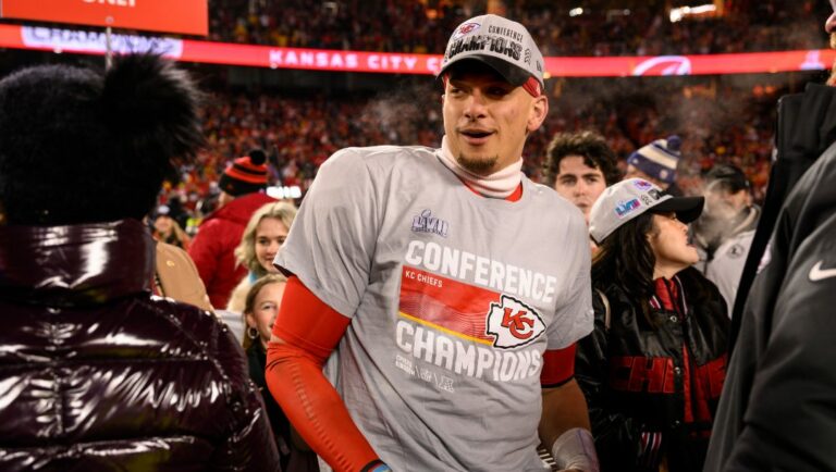 Kansas City Chiefs quarterback Patrick Mahomes is surrounded by friends after beating the Cincinnati Bengals in the NFL AFC Championship playoff football game, Sunday, Jan. 29, 2023 in Kansas City, Mo.