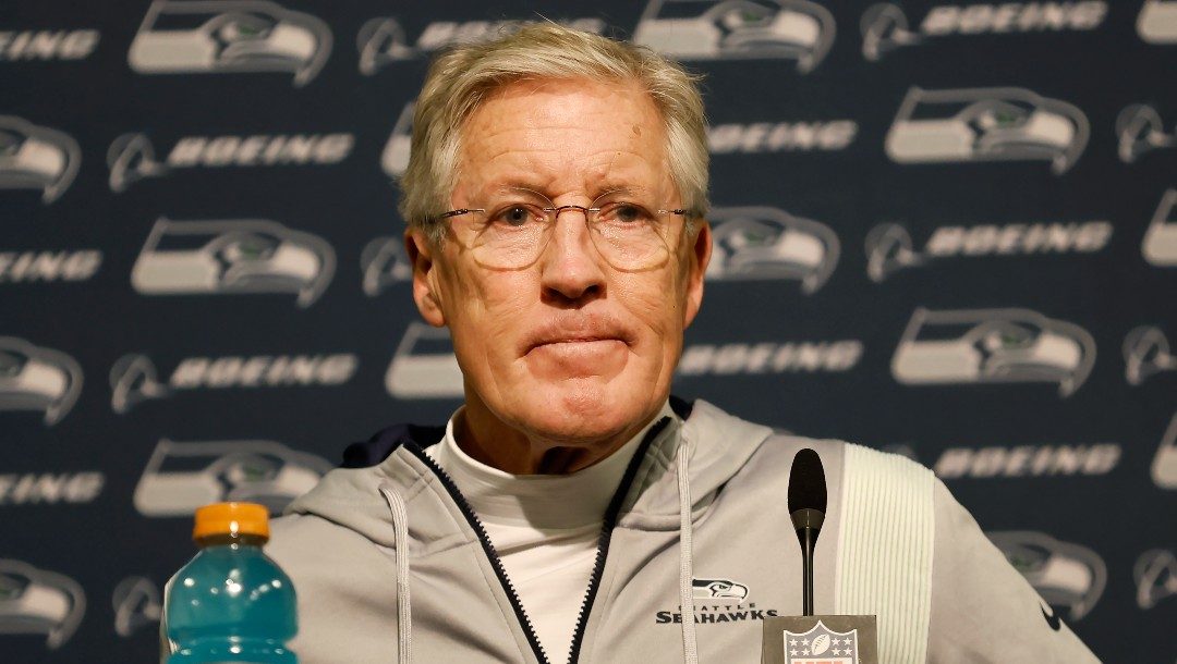 Seattle Seahawks head coach Pete Carroll speaks at a news conference after an NFL wild card playoff football game against the San Francisco 49ers in Santa Clara, Calif., Saturday, Jan. 14, 2023.