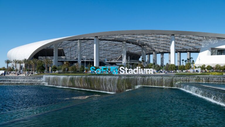 General view of SoFi Stadium, the home of the Los Angeles Rams before an NFL football game between the Los Angeles Rams and the Chicago Bears Sunday, Sept. 12, 2021, in Inglewood, Calif. (AP Photo/Kyusung Gong)