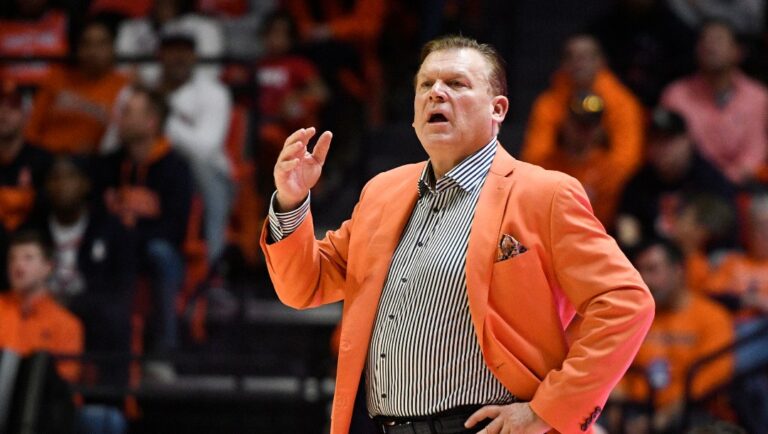 Illinois coach Brad Underwood watches during the second half of the team's NCAA college basketball game against Michigan State, Friday, Jan. 13, 2023, in Champaign, Ill.
