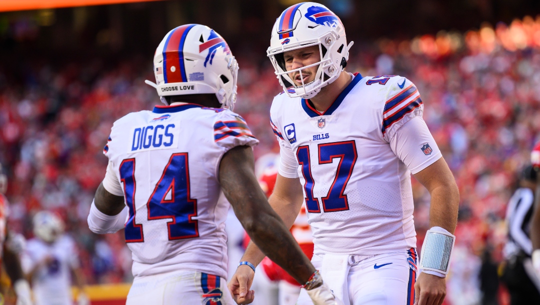 Buffalo Bills quarterback Josh Allen (17) celebrates his touchdown pass to Buffalo Bills wide receiver Stefon Diggs (14)