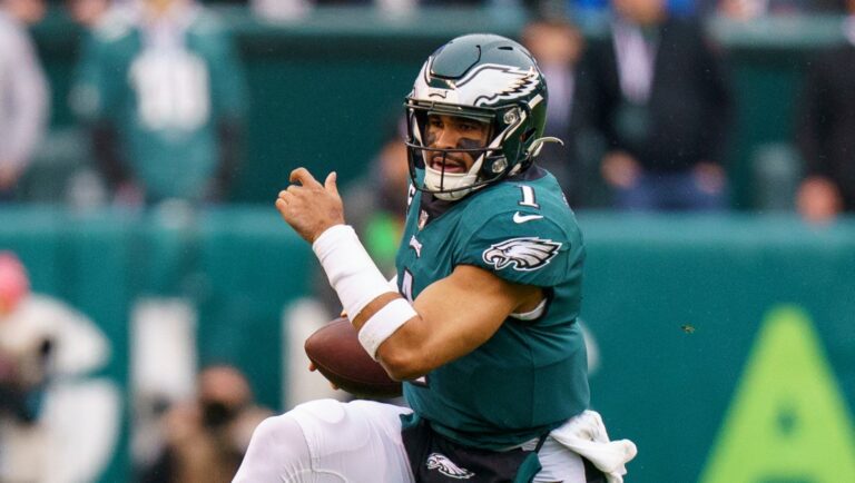 Philadelphia Eagles quarterback Jalen Hurts (1) in action during the NFC Championship NFL football game against the San Francisco 49ers, Sunday, Jan. 29, 2023, in Philadelphia. (AP Photo/Chris Szagola)