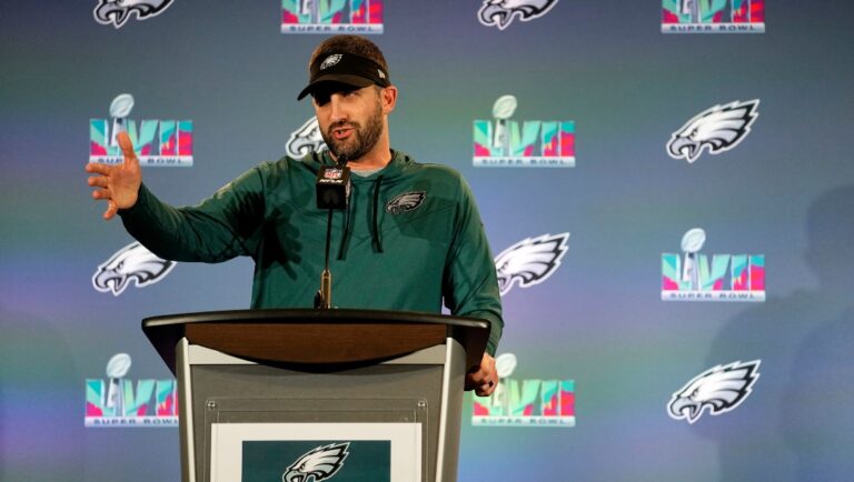 Philadelphia Eagles head coach Nick Sirianni speaks during an NFL football Super Bowl team availability, Wednesday, Feb. 8, 2023, in Phoenix. The Eagles will face the Kansas City Chiefs in Super Bowl 57 Sunday. (AP Photo/Matt York)