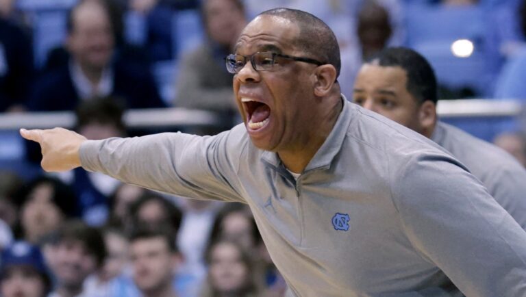 North Carolina head coach Hubert Davis directs his team against Boston College during the first half of an NCAA college basketball game Tuesday, Jan. 17, 2023, in Chapel Hill, N.C.