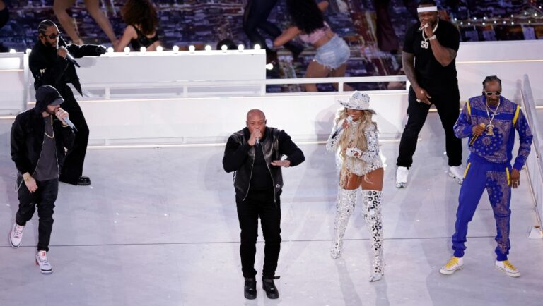 FILE -Eminem, Kendrick Lamar, Dr. Dre, Mary J. Blige, 50 Cent and Snoop Dogg, from left, perform during the halftime show during the NFL Super Bowl 56 football game between the Los Angeles Rams and the Cincinnati Bengals on Feb. 13, 2022, in Inglewood, Calif. The NFL has announced that Apple Music will be the new sponsor of the Super Bowl halftime show. The multi-year sponsorship will begin with Super Bowl 57 on Feb. 12, 2023, in Glendale, Ariz. Apple Music replaces Pepsi, who was the sponsor the past 10 years. (AP Photo/Adam Hunger, File)