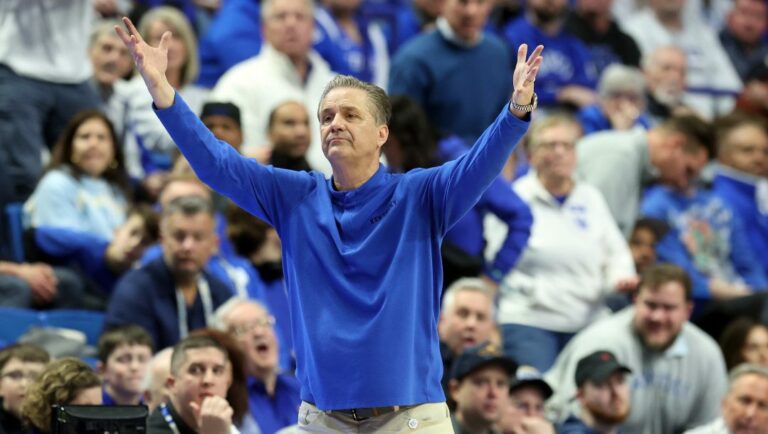 Kentucky head coach John Calipari reacts after a call during the second half of an NCAA college basketball game against Florida in Lexington, Ky., Saturday, Feb. 4, 2023.