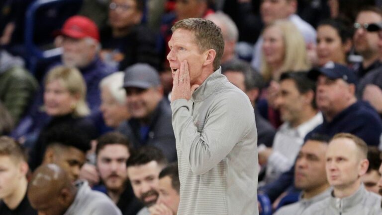 Gonzaga head coach Mark Few directs his team during the first half of an NCAA college basketball game against Santa Clara, Thursday, Feb. 2, 2023, in Spokane, Wash.