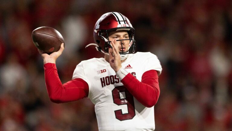 Indiana quarterback Connor Bazelak (9) passes the ball against Nebraska during the second half of an NCAA college football game Saturday, Oct. 1, 2022, in Lincoln, Neb. Nebraska defeated Indiana 35-21.