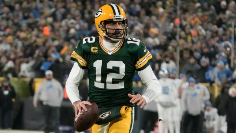 Green Bay Packers' Aaron Rodgers during the first half of an NFL football game against the Detroit LionsSunday, Jan. 8, 2023, in Green Bay, Wis.