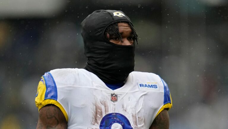 Los Angeles Rams running back Cam Akers (3) walks off the field at halftime of an NFL football game against the Seattle Seahawks, Sunday, Jan. 8, 2023, in Seattle.