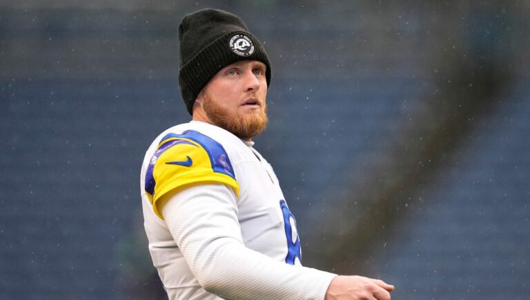 Los Angeles Rams place kicker Matt Gay (8) stands on the field before an NFL football game against the Seattle Seahawks, Sunday, Jan. 8, 2023, in Seattle.