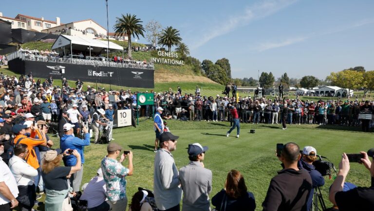 Sergio Garcia of Spain tees off on the tenth hole during the final round of the Genesis Invitational golf tournament at Riviera Country Club, Sunday, Feb. 20, 2022, in the Pacific Palisades area of Los Angeles.