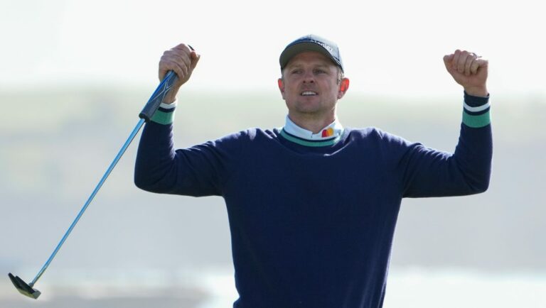 Justin Rose, of England, reacts after making a par putt on the 18th green of the Pebble Beach Golf Links to win the AT&T Pebble Beach Pro-Am golf tournament in Pebble Beach, Calif., Monday, Feb. 6, 2023.